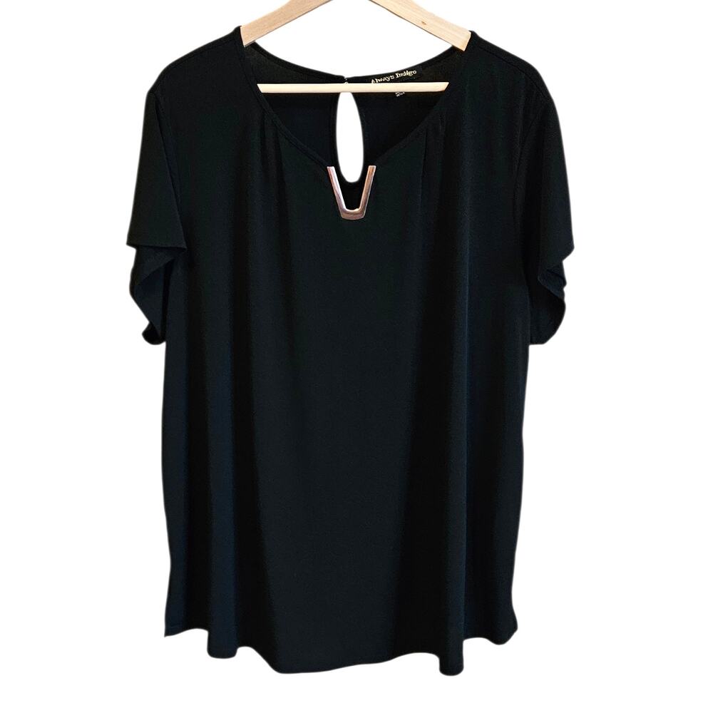 Always Indigo Black Keyhole V-Neck Short Sleeve Blouse Top Women's 3X